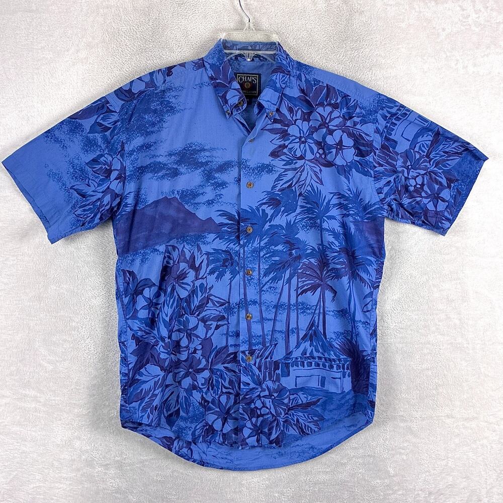 VTG Chaps Ralph Lauren Hawaiian Shirt Mens M Blue Island Scene Aloha Beach 90s